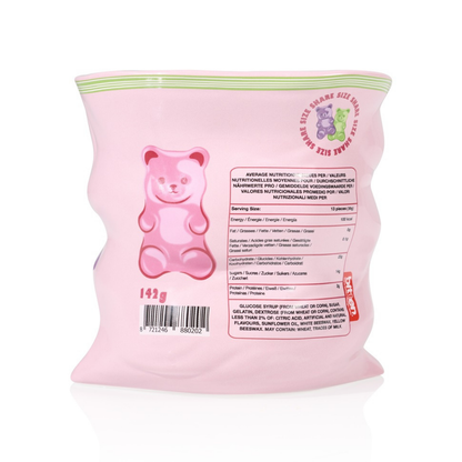Candy vase in pink seen from the back, printed with a nutrition table and a barcode.