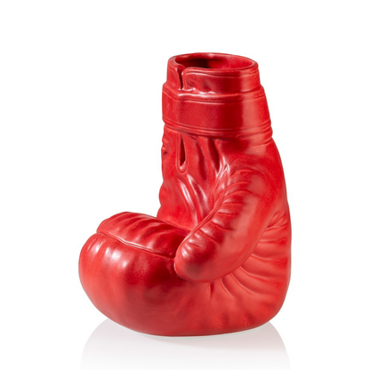 Boxing Glove vase in red shaped like a boxing glove, three-quarter view.