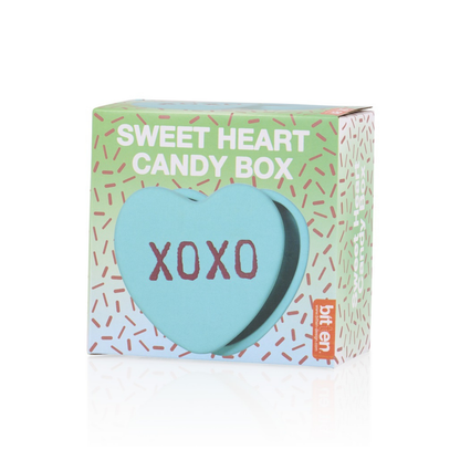XOXO heart box in light blue, in its candy-heart shaped packaging.
