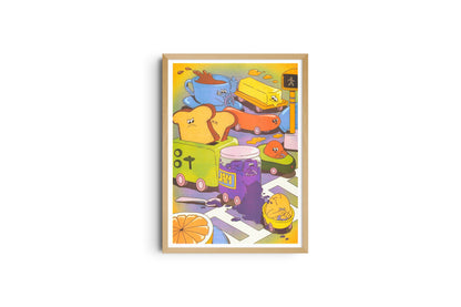 Framed poster illustrating a jam jar and toast among cartoon cars