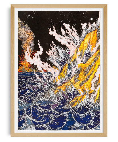 Framed poster of blue ocean waves and a volcanic eruption at night