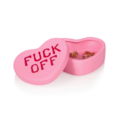 Fuck Off heart box in pink, open on a white background, with rings inside.