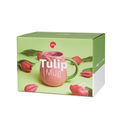 Pink Tulip mug in its box with red tulips
