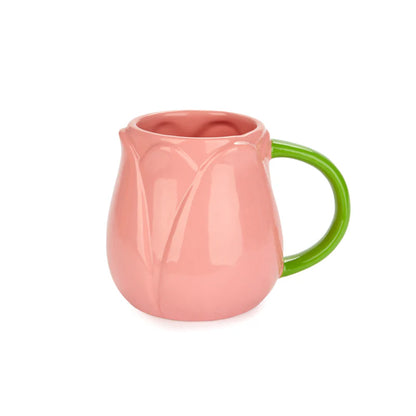 Pink Tulip Cup shaped like a flower, with a green handle, on white