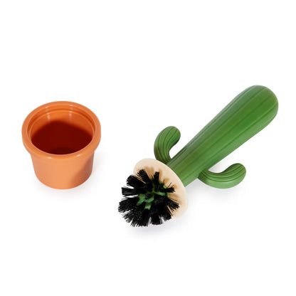 Cactus dish brush in green, shown apart from its orange pot-shaped base, on a white background.