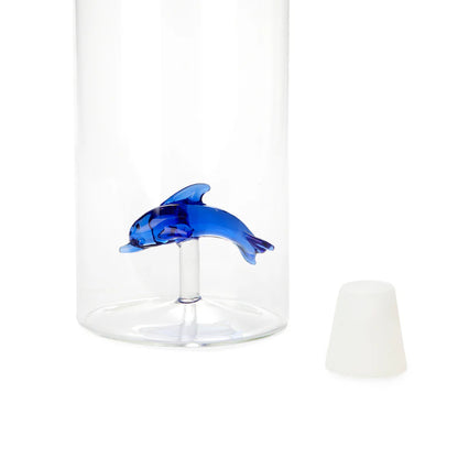 Atlantis Delfino bottle, close-up on the blue dolphin in the neck, with the stopper beside it