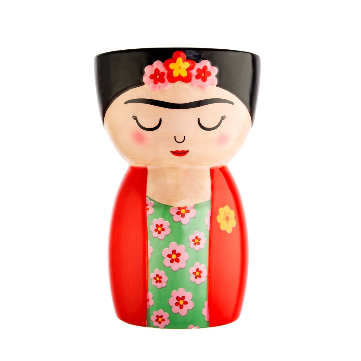 Vaso Frida: figura in ceramica con abito rosso, vestito verde a fiori e fiori tra i capelli neri raccolti.
