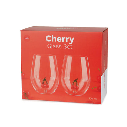 The cherry glass set shown in its red box