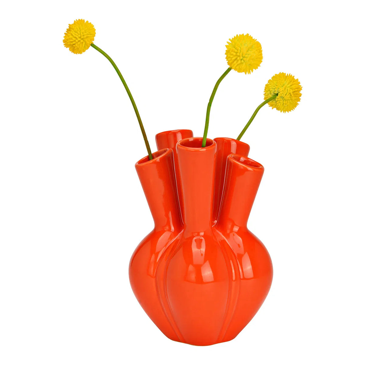 The Aglio vase with yellow pom-pom flowers rising from its five openings.