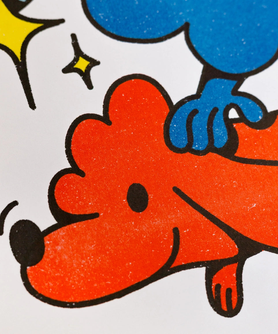 Mr. Daydream poster, close-up on the orange cloud character lying down with a blue hand above it
