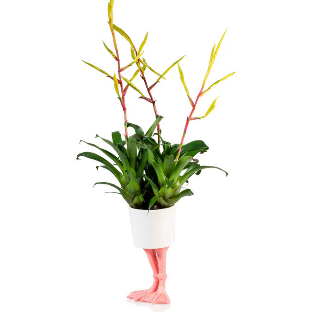 Fenicottero vase in white on pink legs, with a branch of yellow and red leaves.
