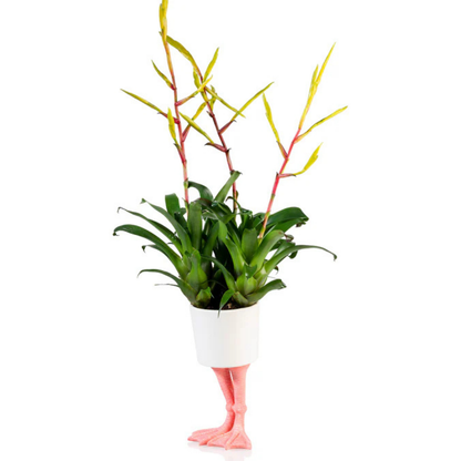 Fenicottero vase in white on pink legs, with a branch of yellow and red leaves.