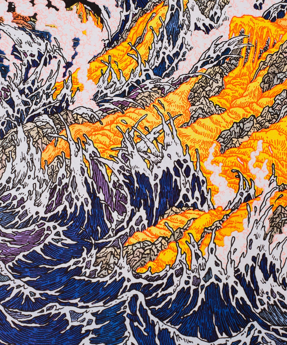 Onde Immaginarie poster, close-up on blue waves and white foam among golden rocks