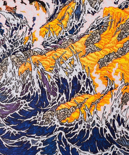 Onde Immaginarie poster, close-up on blue waves and white foam among golden rocks