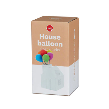 House Balloon snack forks packaging showing the house-shaped holder with colourful balloons.