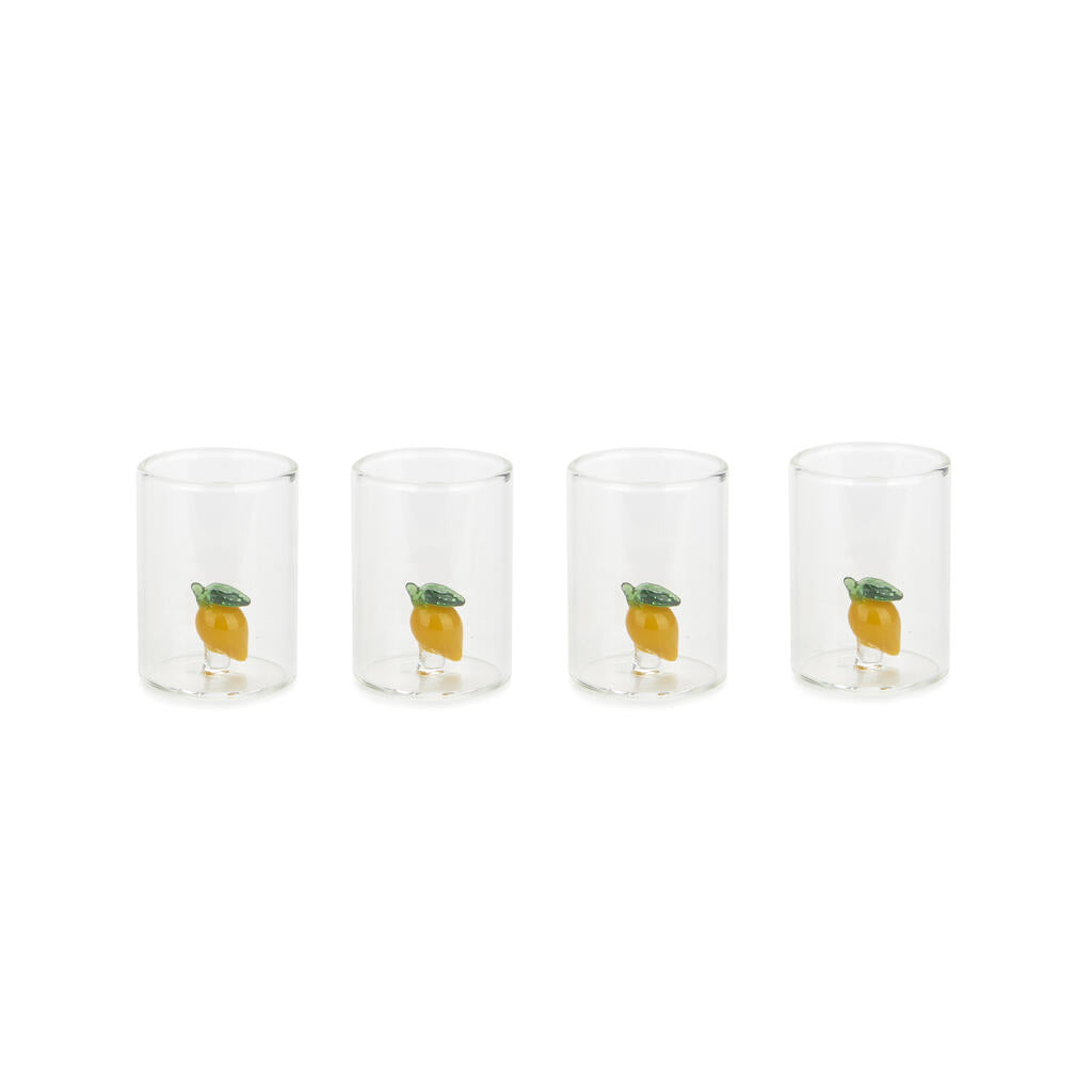 Lemon Shot Glass Set: the four empty glasses lined up against a white background.
