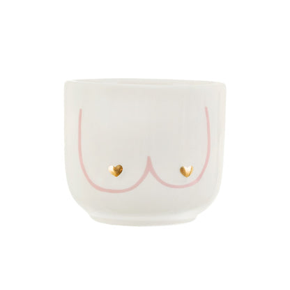 Mini Girl Power Vaso white breast-shaped planter with a pink outline and two little gold hearts.