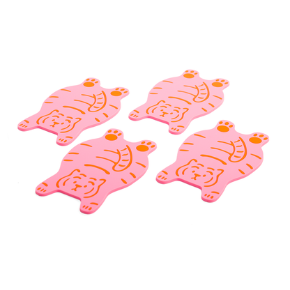 Four pink tiger-shaped coasters with orange stripes, on a white background