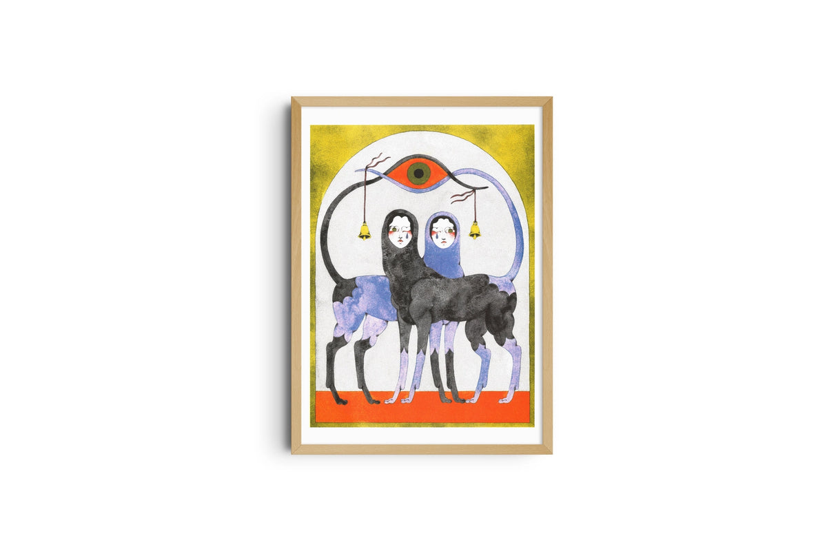 The Game poster shown full length in a light wood frame, yellow and orange background