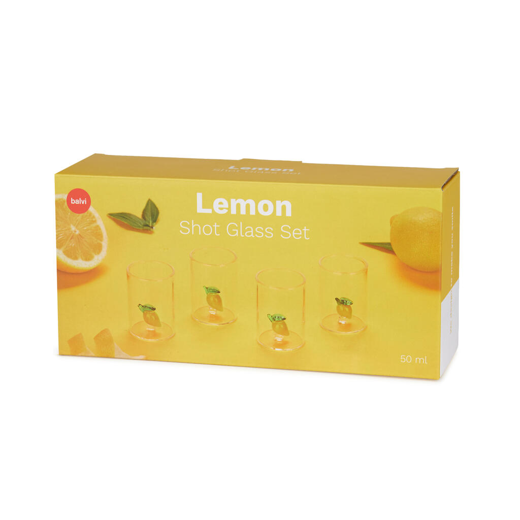 Lemon Shot Glass Set: the yellow packaging box showing the four glasses in the picture.