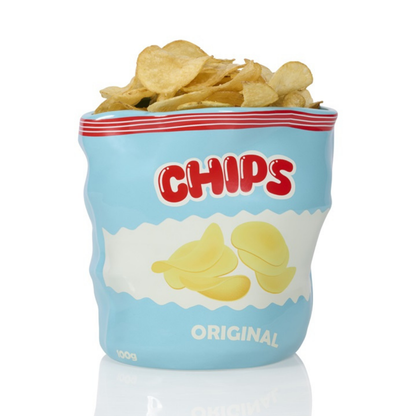 Chips vase shaped like a light blue bag, filled with golden crisps.