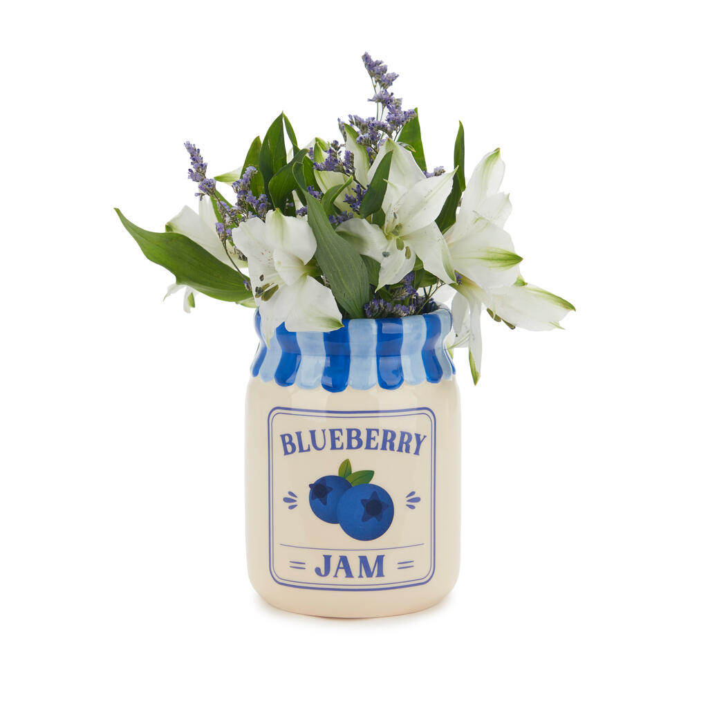 Jam vase, blueberry version with white lilies, on a white background