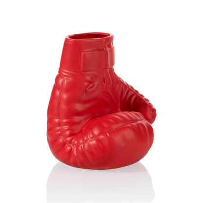 Boxing Glove vase in red on a white background, three-quarter view.