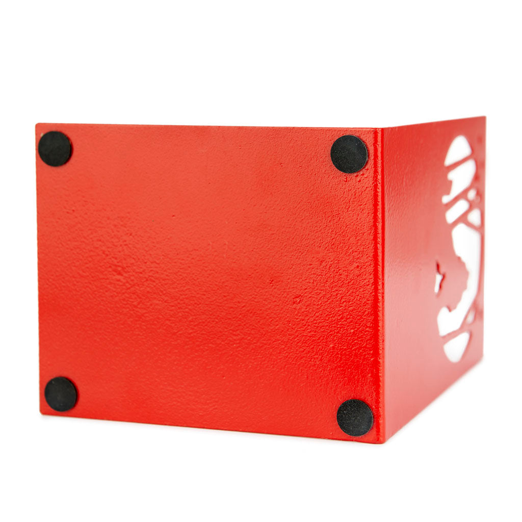 Little Red Bookend: a close-up of the red corner with the black rubber feet.