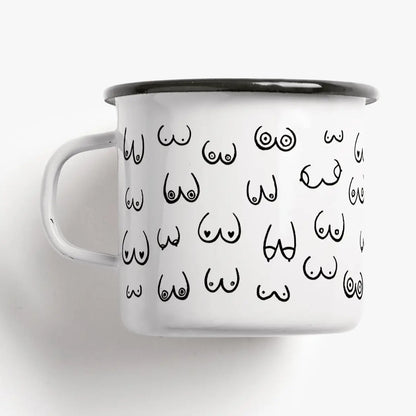 Tazza Boob Friends: a white mug printed with rows of small stylised breast-shaped doodles.