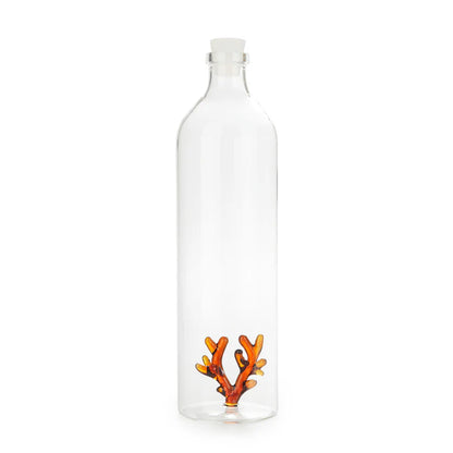 Clear glass bottle with an orange coral detail at the base
