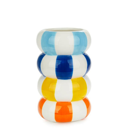 Tall ceramic vase made of stacked blue, white and orange stripes, empty