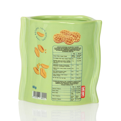 Crunchy Peanut vase in green seen from the back, printed with a nutrition table and a barcode.