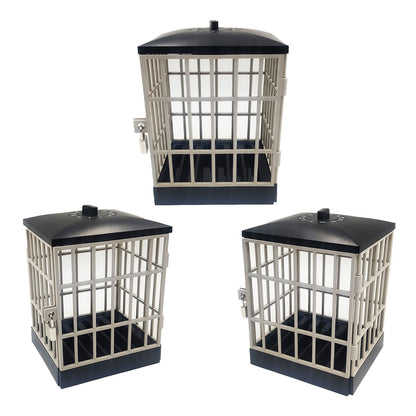 Phone Jail three black and silver cages lined up side by side on a white background.