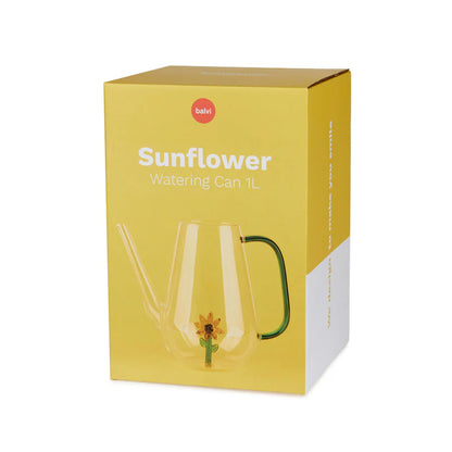 Botanical Sunflower watering can 1L packaging with the painted sunflower on the glass jug.