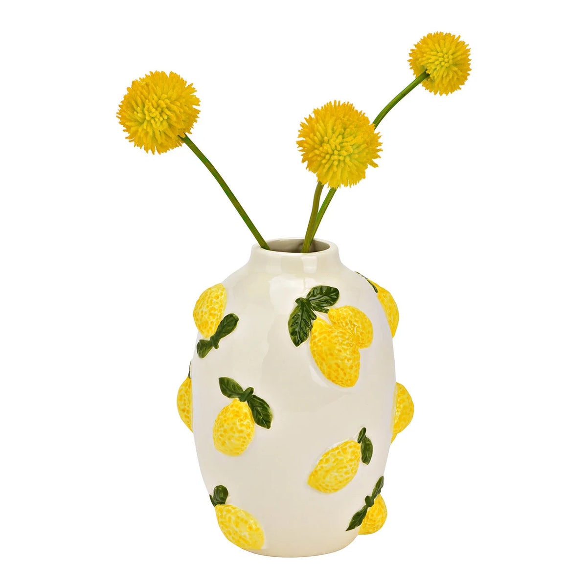 The Limoni Mini vase with yellow pom-pom flowers rising from the opening.