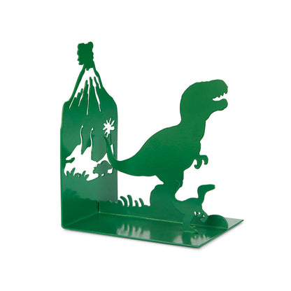 Jurassic Bookend: the dinosaur and the volcano side seen together, white background.