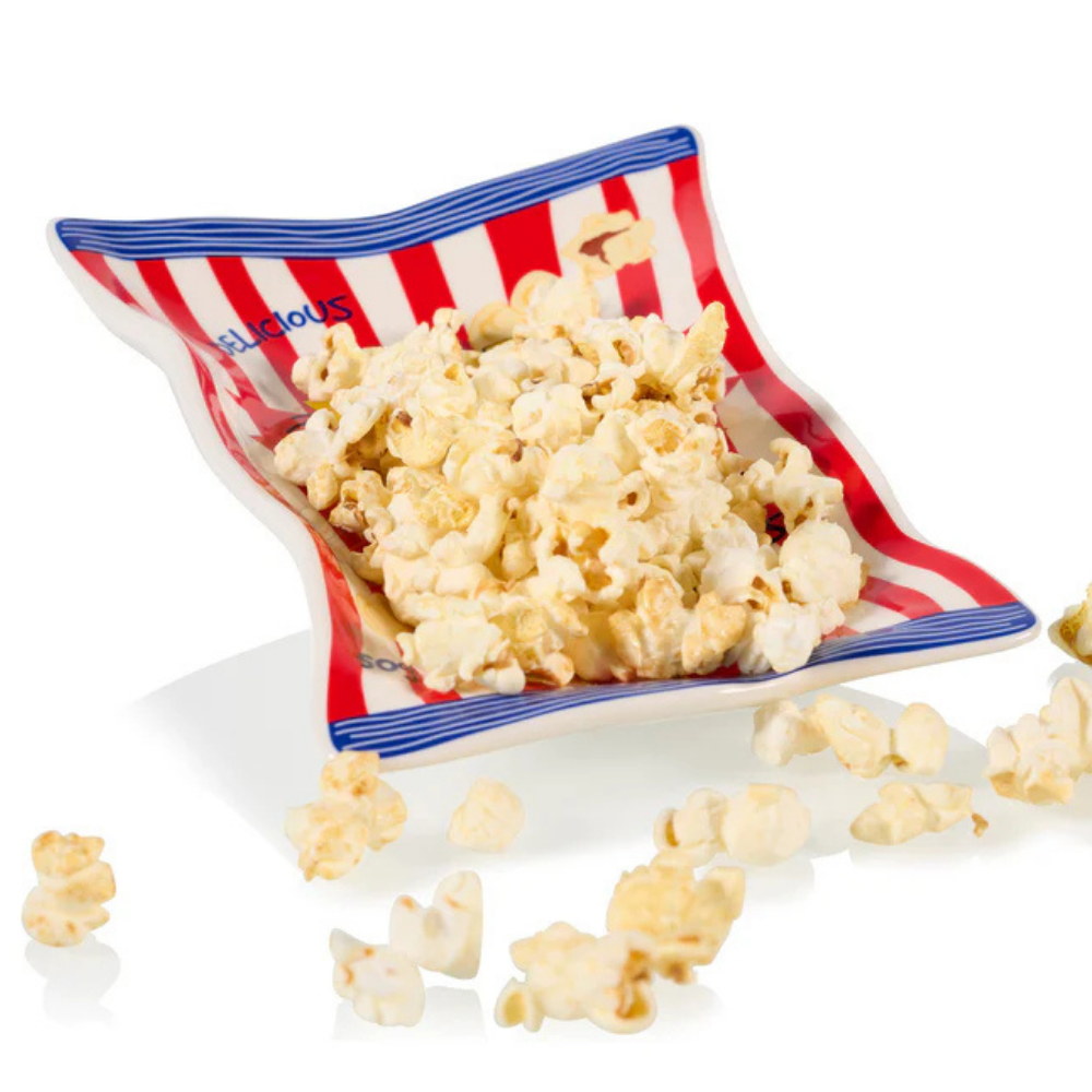 Vassoio Pop Corn a forma di sacchetto, vuoto su sfondo bianco.