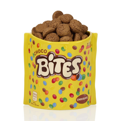 Choco Bites vase in yellow with colourful dots, filled with brown spiced biscuits.