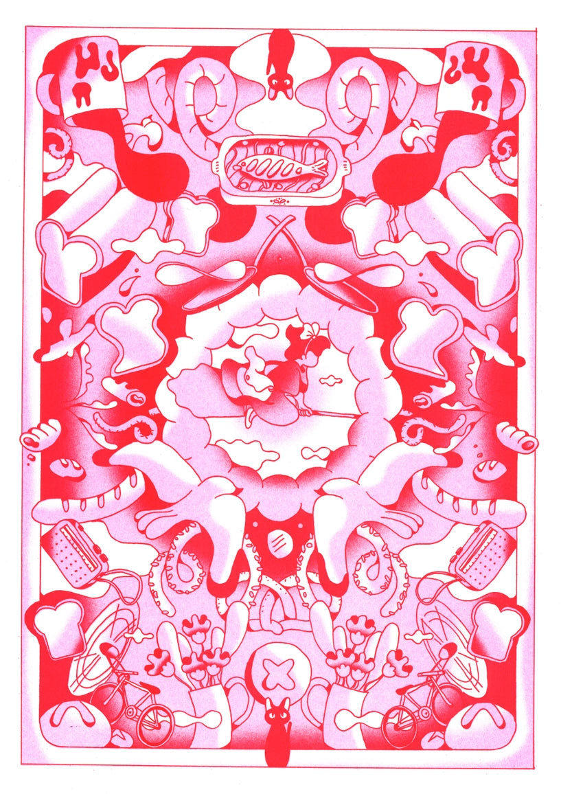 Poster Kiki the Little Witch Agathe Bruguière Stampa Risograph Carta 150g A3 29,7x42 cm: stesso poster senza cornice, motivo decorativo rosso e bianco