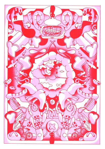 Poster Kiki the Little Witch Agathe Bruguière Stampa Risograph Carta 150g A3 29,7x42 cm: stesso poster senza cornice, motivo decorativo rosso e bianco