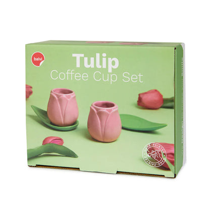 Pink Tulip coffee cup set in its box with red tulips