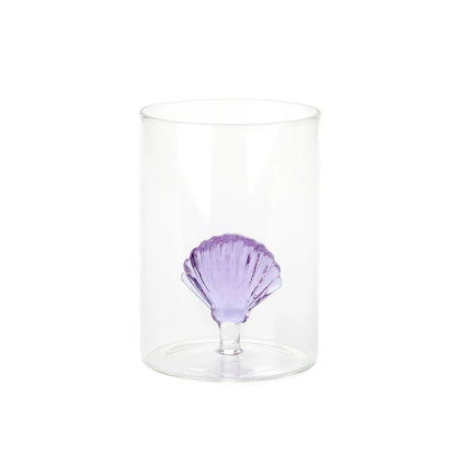 Clear glass tumbler with a purple seashell detail at the base