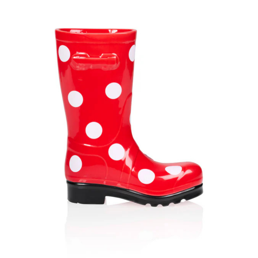 Wellington Pois boot vase in red with white polka dots, side view on a white background.
