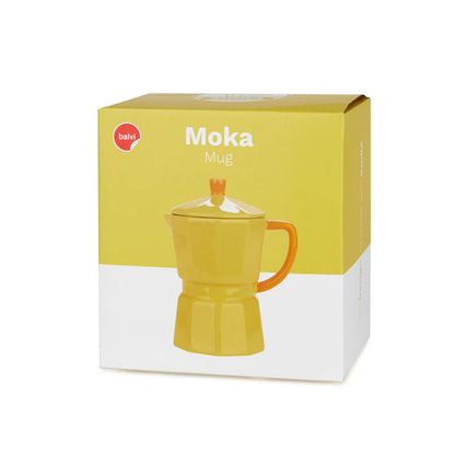 Yellow Moka mug in its box with the lid visible