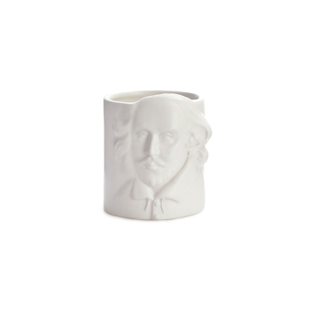 Porta matite bianco a forma di busto di Shakespeare, su sfondo bianco