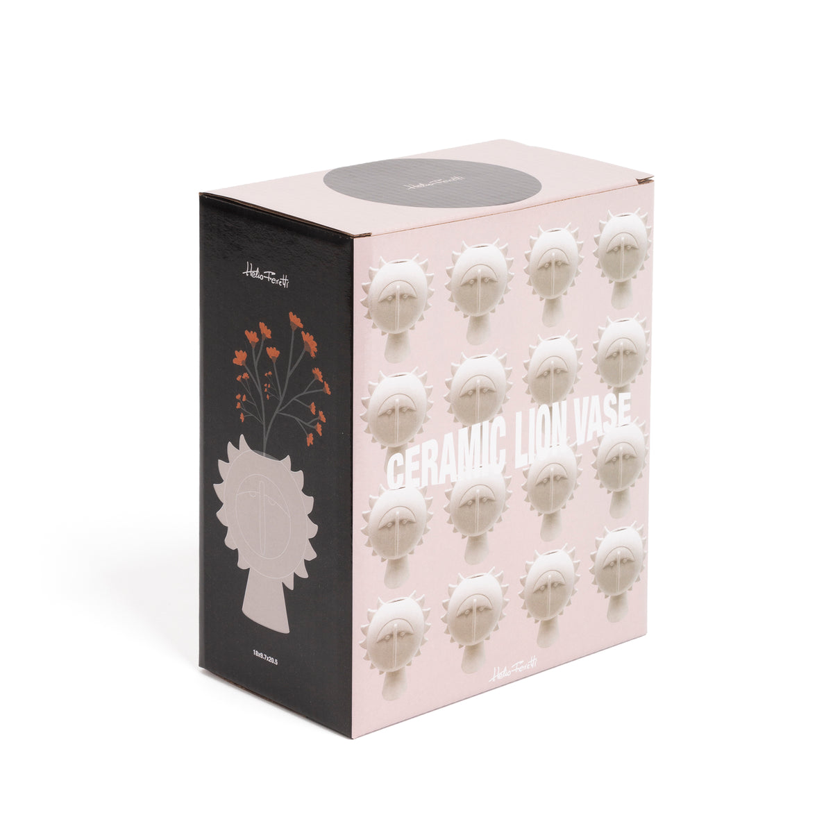 Lion vase, closed pink box seen side-on with a printed illustration of flowers and vases