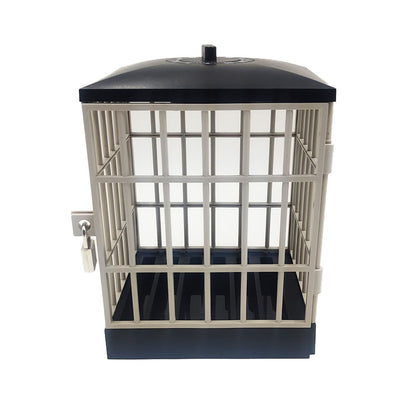 Small empty black and silver cage with a padlock, on a white background
