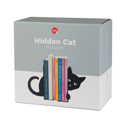 Hidden Cat Bookend: the grey packaging box showing the bookend holding up the books.