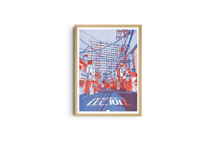 Paper Stuffing poster shown full length in a light wood frame, an urban scene in red and blue