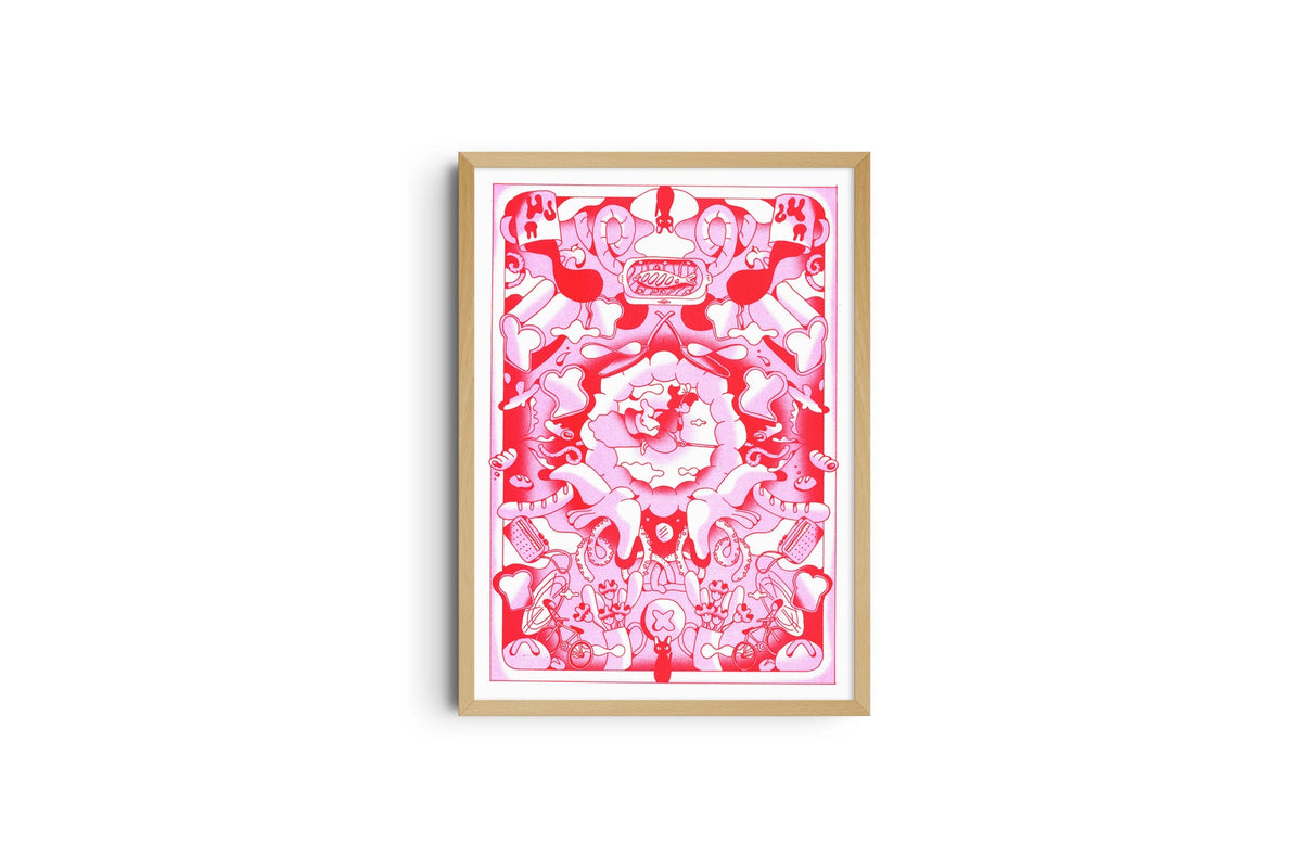 Poster Kiki the Little Witch incorniciato in legno chiaro, motivo simmetrico rosa e rosso